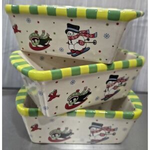 Temptations "Winter Whimsy" Mini Loaf Pan Stoneware Non Stick 12oz Set/3 Holiday